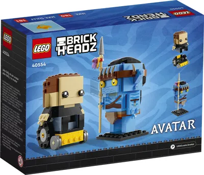 The image shows the front of a LEGO BrickHeadz box featuring two figures from the movie Avatar.