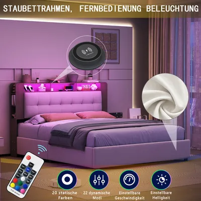 Productafbeelding van Boxspringbed 140x200 cm met lattenbodem, opbergruimte en LED-verlichting, fluweel, wit