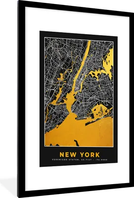Produktbild von MuchoWow® Gerahmtes Poster New York - Stadtplan - Gold - Karte 60x90 cm - Poster mit Schwarzem Bilderrahmen Wandposter Rahmen Foto Bilder - Dekoration - Wandposter Wohnzimmer - Hochwertig