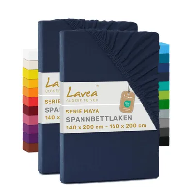 Produktbild von Lavea® 2er Pack Spannbettlaken 140x200cm - 160x200cm, Bettlaken 100% Baumwolle Jersey, mit Rundumgummizug, für Matratzen bis 20 cm Höhe, weich, formstabil, langlebig, Galaxyblau