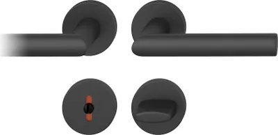 Multiple views of a black door handle set.