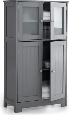 A gray cabinet with glass doors, showing storage inside.