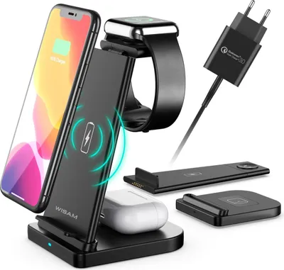 A 3-in-1 wireless charging station with a phone, smartwatch, and earbuds. A charging adapter is also shown.