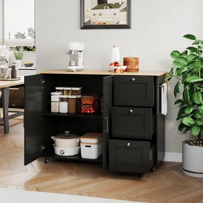 Zdjęcie produktu dla Mobilny stół kuchenny, wymiary 135x44(70)x90 cm, wykonany z drewna dębowego, składany, wielofunkcyjny, z 3 szufladami, wyposażony w uchwyt na ręczniki.