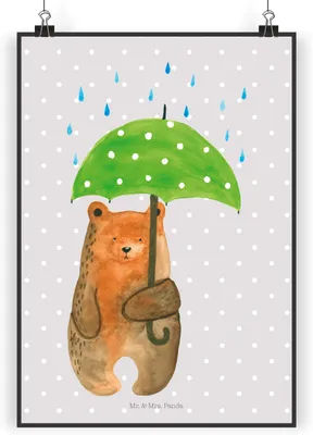 Produktbild von Mr. & Mrs. Panda Poster Bär Regenschirm DIN A4 - Grau Pastell - Geschenk, Spruch, Familie, Wanddekoration, Liebe, Kunstdruck, wanddeko, drucke, Freunde, Pärchen, Teddy