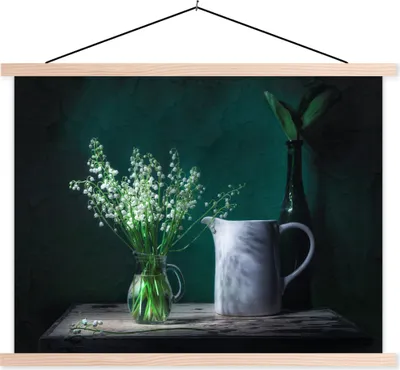 Produktbild von MuchoWow® Textilposter Rustikal - Maiglöckchen - Stilleben 40x30 cm mit holzfarbenen Rahmen - Bilder
