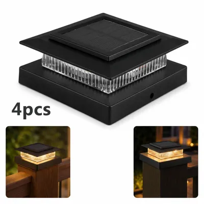 Produktbild von 4er-Set 4x4 Solar-Pfostenkappenleuchten, wasserdichte Solar-Zaunleuchten für Holz- und Vinylpfosten, warmweißes Licht für Garten, Terrasse und Veranda