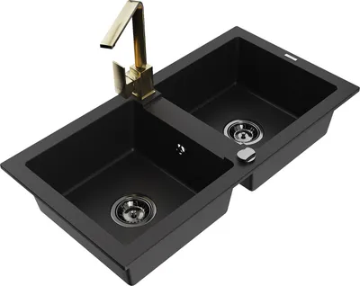 Produktbild von Mexen Mario 2-Becken-Granitspüle mit Mischbatterie Rita, Schwarz - 6504-77-670300-50-B