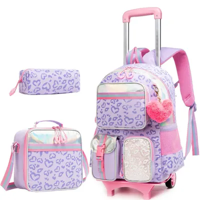 Productafbeelding van Kindertrolley-rugzakset met lunchtas en pennenetui, paars met hartprint, 43x30x18 cm