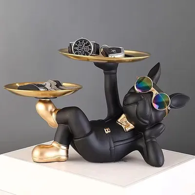 Produktbild von Mit 2 Tabletts und süßen Gläsern, Statue einer schwarzen französischen Bulldogge, Tierskulptur, Heimdekoration, Weihnachts- und Geburtstagsgeschenk