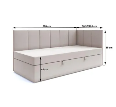 A diagram of a bed with dimensions indicated.