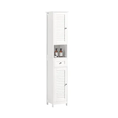 A tall, narrow white bathroom cabinet with louvered doors and a drawer.