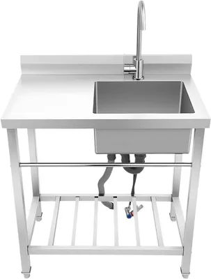 Produktbild von Freistehende Küchenspüle 80×55×84 cm aus Edelstahl mit rechtem Spülbecken und 360° schwenkbarem Hahn, Multifunktionswaschtisch für Garage, Camping und Outdoor
