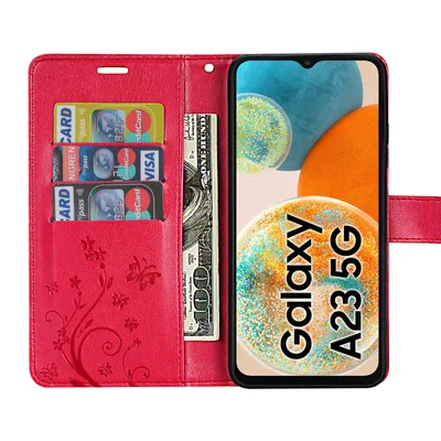 A red flip case for a Samsung Galaxy A23 5G phone, showing card slots and a phone screen.