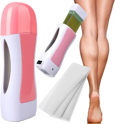 A product shot of a waxing kit with a model's legs in the background.