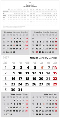 Produktbild von 5-Monatskalender 2027, 30x60 cm, 12 Monatsblätter, 3-sprachiges Kalendarium, 2-farbiger Druck