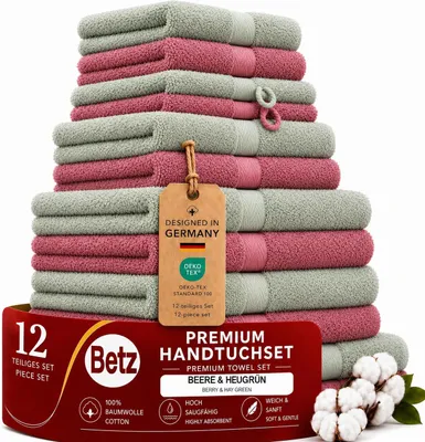 Produktbild von Betz Premium Handtuch-Set 12-teilig – 100% Baumwolle – ®  – hohe Grammatur – Duschtücher, Handtücher, Gästetücher,WH beere/heugrün, KI-generiertes Bild