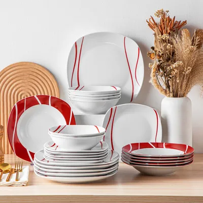 Image de set de vaisselle de 48 pièces en porcelaine, service de table avec motif rouge, service combiné avec assiette plate, assiette à dessert, assiette à soupe, bols à céréales