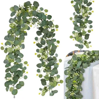 Zdjęcie produktu dla Sztuczna girlanda z eukaliptusa, zestaw 2 sztuk, 180 cm, zielone liście z białymi kwiatami, dekoracja na ślub, przyjęcie w ogrodzie, dekoracja stołu