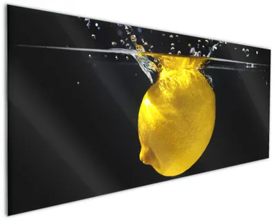 Produktbild von Wallario Küchenrückwand aus Glas, Größe: 125 x 50 cm, Motiv: Zitrone im Wasser - Frisches Obst für die Küche | Spritzschutz | abwischbar | pflegeleicht | in