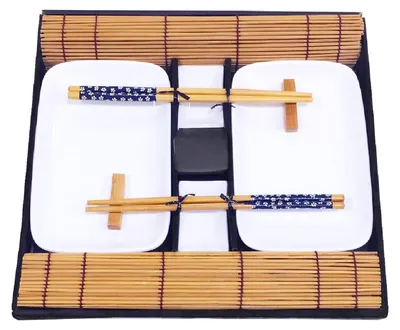 Sushi-Set 10-tlg. mit Porzellantellern, Bambusmatten & Stäbchen