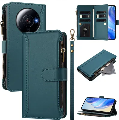 Produktbild von Handyhülle für Xiaomi 12S Ultra Reißverschluss Geldbörse Kunstleder Klapphülle mit Kartensteckplatz, Ständer, Handschlaufe Grün