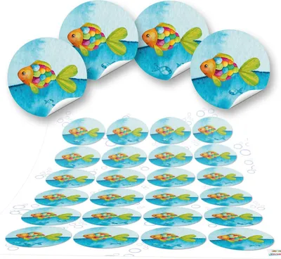 Produktbild von 24 kleine 4 cm FISCHE maritime Aufkleber rund Kinderaufkleber blau türkis Kinder Sticker Taufe Kommunion Geschenkaufkleber Verpackung Regenbogen-Fisch Etiketten Tisch-Deko48 Aufkleber / 2 Bögen