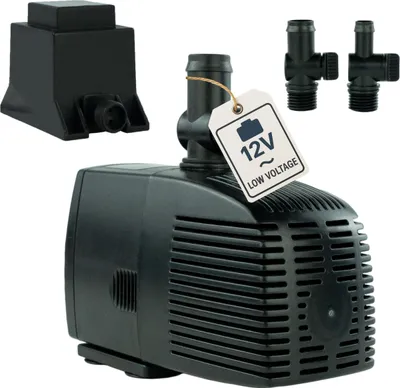 A black 12V water pump with accessories and a tag indicating low voltage.