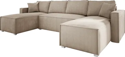 Produktbild von Wohnlandschaft U form Cord NOEMI 145x300 cm, Ecksofa U form Beige mit Schlaffunktion und Bettkasten, Sofa XXL, Couch U form, Polsterecke - PS 02