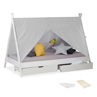 Produktbild von Homestyle4u Kinderbett 90x200 Hausbett Bettkasten mit Stauraum Matratze mit ® Standard 100 mit ® Standard 100 Tipi Holzbett