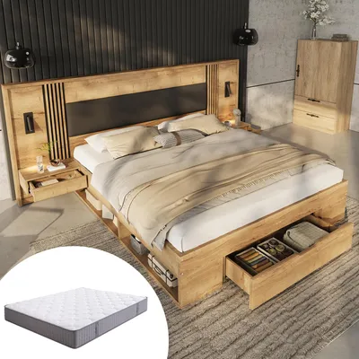 Produktbild von okwish Doppelbett 180×200 mit Matratze und Nachttische, Jugendbett mit Schubladen und Leselampe, Holzbett mit Stauraumbett, Natur