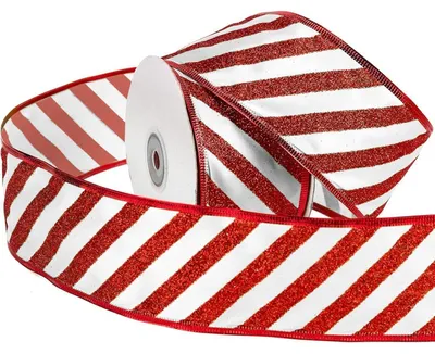 Zdjęcie produktu dla Dekoracyjna, świąteczna taśma w kolorach czerwieni i bieli, w paski, o wymiarach 63 mm x 22 m, z krawędzią wzmocnioną drutem