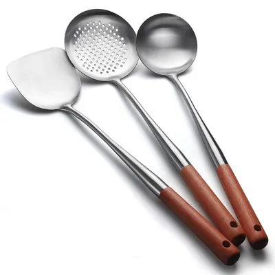 Produktbild von Woklöffel Set - Edelstahl 304 - Holzgriff - Antirutsch - Langlebig - Spülmaschinenfest - Küchenutensilien