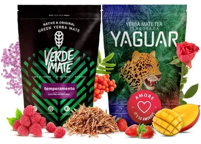 Produktbild von Verde Mate & Yaguar - Mate Tee Set Temperamento & Amore 2x500g - Dicke Blätter 5mm - Fruchtig-Kräuterig - Luftgetrocknet, Mild - Yerba Brasilien