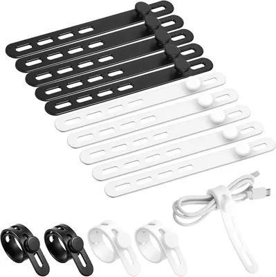 Produktbild von PolkaHome® 10 Stück Kabelbinder aus Silikon, 9,65 cm, wiederverwendbar, selbstklebend, Kabelhalter, Kabelmanagement, Schwarz und Weiß