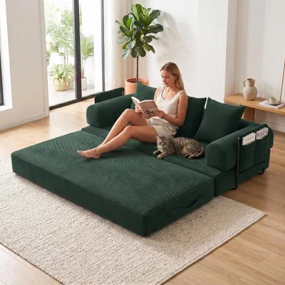 Produktbild von LVHOM Klappbares Schlafsofa aus Cordstoff, Modulares Tagesbett mit Metallgestell, Klappsofa Bodensofa mit Stauraum, 300kg Belastbarkeit, Grün