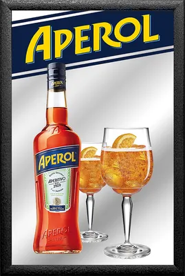 A bottle of Aperol and two glasses of Aperol Spritz are displayed against a reflective background, with the brand logo prominently featured.