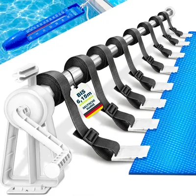 Produktbild von tillvex Pool Aufroller Premium 1,05-6,15 m inkl. Thermometer & Bänder | Aufrollsystem für Solarplane | Mobile Aufrollvorrichtung für Poolplane & Abdeckung | witterungsbeständiges Material