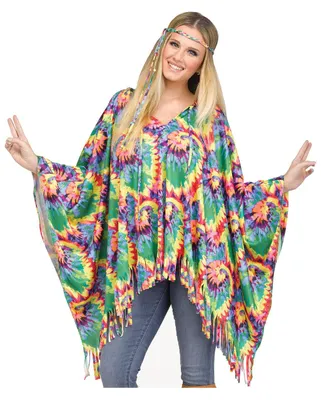 Produktbild von Bunter Hippie Poncho mit Haarband für Flower Power Motto Party & Karneval