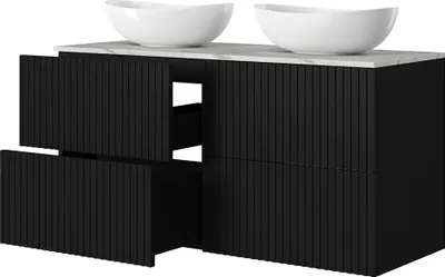 Produktbild von Badezimmer Doppelwaschtisch mit 120 cm Breite in schwarz matt mit marmorierter Waschtischplatte & gerillter Front, 2 Aufsatzwaschbecken & 4 Schubladen - NAVASOTA-141