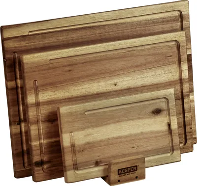 Produktbild von KESPER Schneidebrett 3er Set mit Ständer –  Akazie – mit Saftrille – 40x30, 35x25, 25x15 cm – für Fleisch, Gemüse & Brot – robust, dekorativ 28130