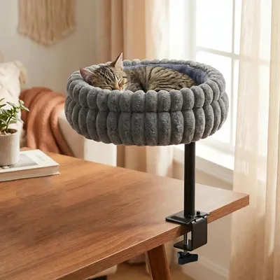 Obrázok produktu pre Posteľ pre mačky na stôl, otočná o 360°, sivá, vhodná pre stoly do hrúbky 7 cm, s nosnosťou do 20 kg
