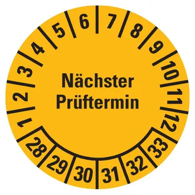 Produktbild von Dreifke® Prüfplakette Nächster Prüftermin, 28-33, gelb, Dokumentenfolie, Ø 35...