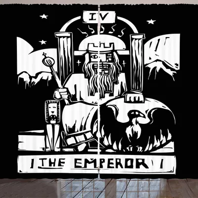 Obrázok produktu pre ARANDE Tarock záclona, tarotová karta pre cisára, drevorezová ilustrácia, jednofarebná grafika, 280 x 260 cm, čierna a biela