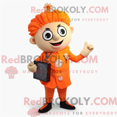 Produktbild von Maskottchen REDBROKOLY Charakter eines Orange Pad Thai gekleidet mit einer Weste und Armband Uhren