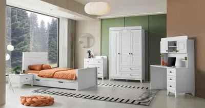 Produktbild von Kinderzimmer Set Bett Nachttisch Kommode Kleiderschrank Schreibtisch 5tlg.