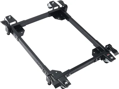 A black metal mobile base with wheels, shown against a white background.
