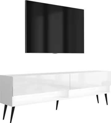 Produktbild von TV-Lowboard 170 cm Mattweiß / Hochglanzweiß, schwarze schräge Beine, weiße LED, 170 × 32 × 52 cm