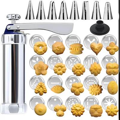 Produktbild von Edelstahl Gebäckpresse mit 20 Schablonen und 8 Tüclen Plätzchenpresse Keksmaschine, DIY Maker & Spritzgebäck Maschine,  Garnierspritze Teigpresse