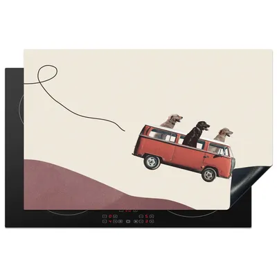 Produktbild von KitchenYeah© Herdabdeckplatte Hund - Retro - Bus , 81x52cm, Küche Deko, Glaskeramikkochfeld Herdabdeckung, Abdeckplatte fùr Kochfeld